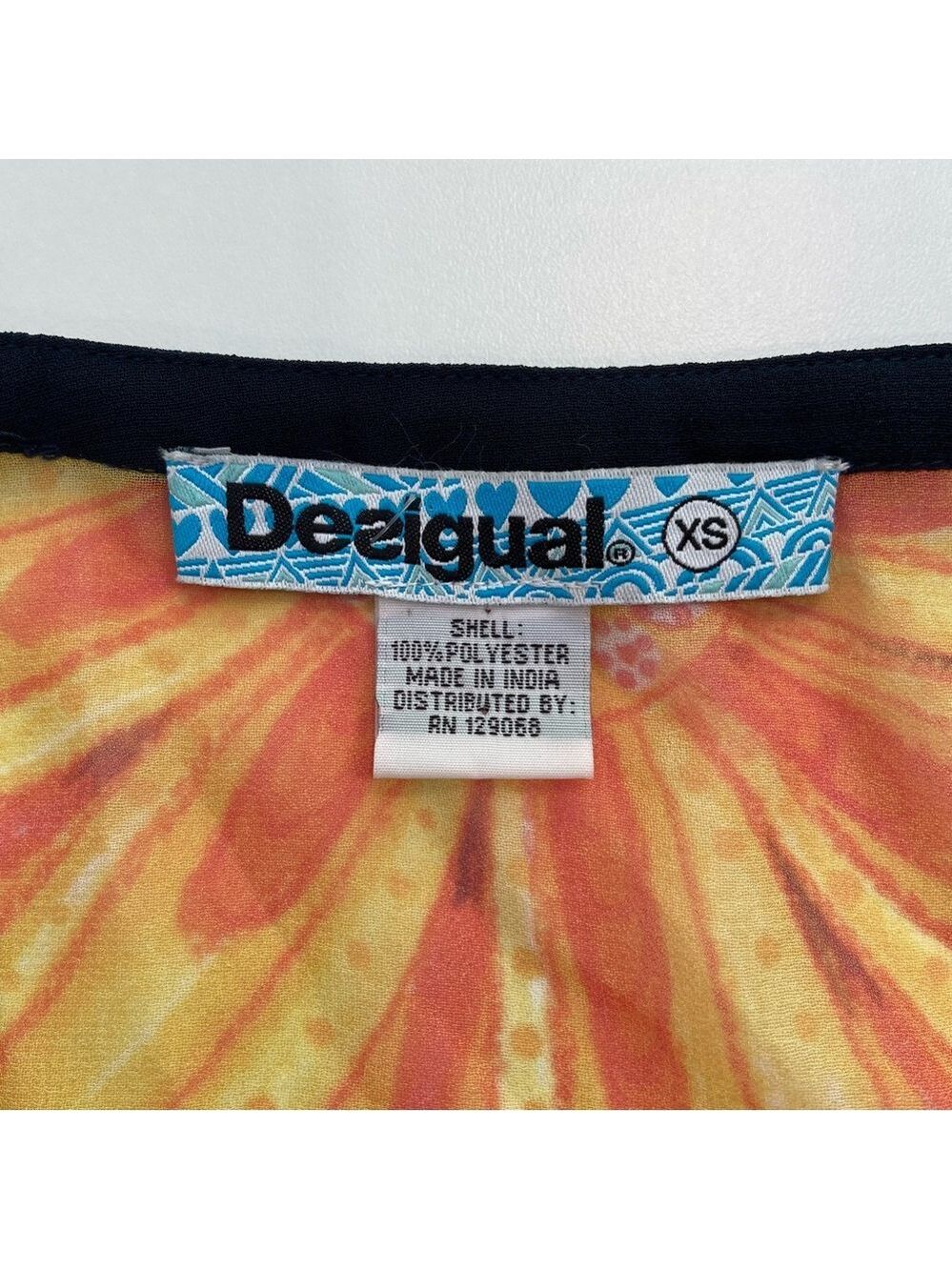Desigual sheer festive top 3/4 sleeves floral Pom Pom V neckline orange yellow - Picture 4 of 16